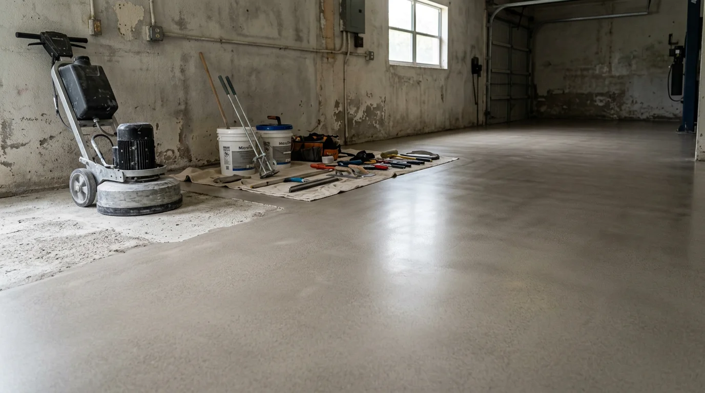 A polished micro cement floor in a South Florida interior space showing a smooth, seamless surface with a matte finish. The floor runs continuously from a living area toward an open patio, reflecting the natural light common in Miami-area homes.