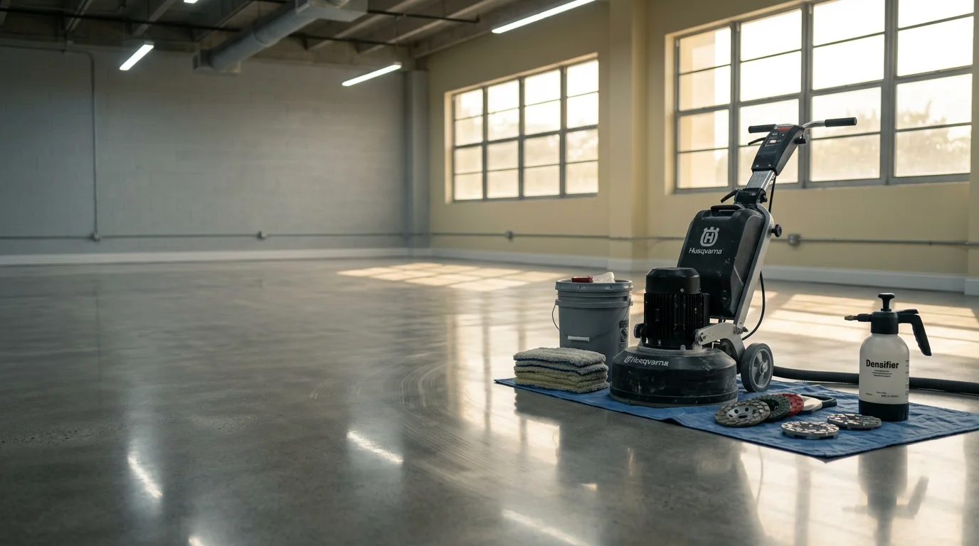 A polished concrete floor with a high-gloss reflective finish inside a modern South Florida home, showing the smooth, seamless surface and natural light reflection across the room.