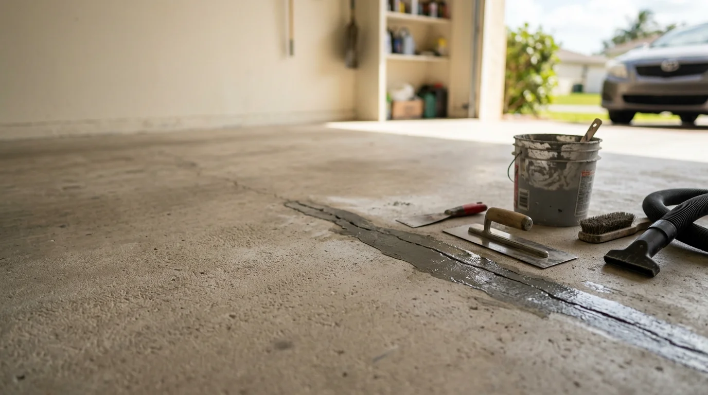 Repaired concrete garage floor in South Florida showing filled cracks and a smooth, even surface ready for coating. The floor is photographed inside a residential garage with bright overhead lighting highlighting the restored finish.