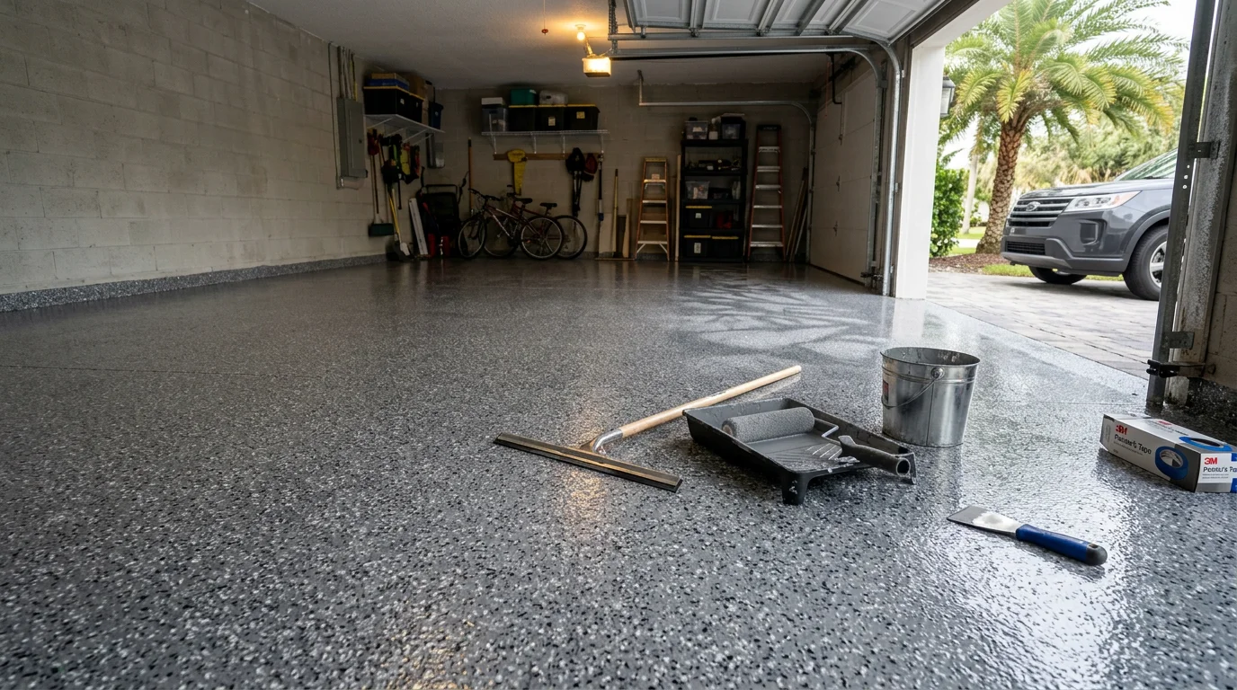 Freshly coated residential epoxy garage floor with a smooth, glossy finish in a South Florida home. The sealed concrete surface shows a clean, uniform color with no cracks or stains visible.