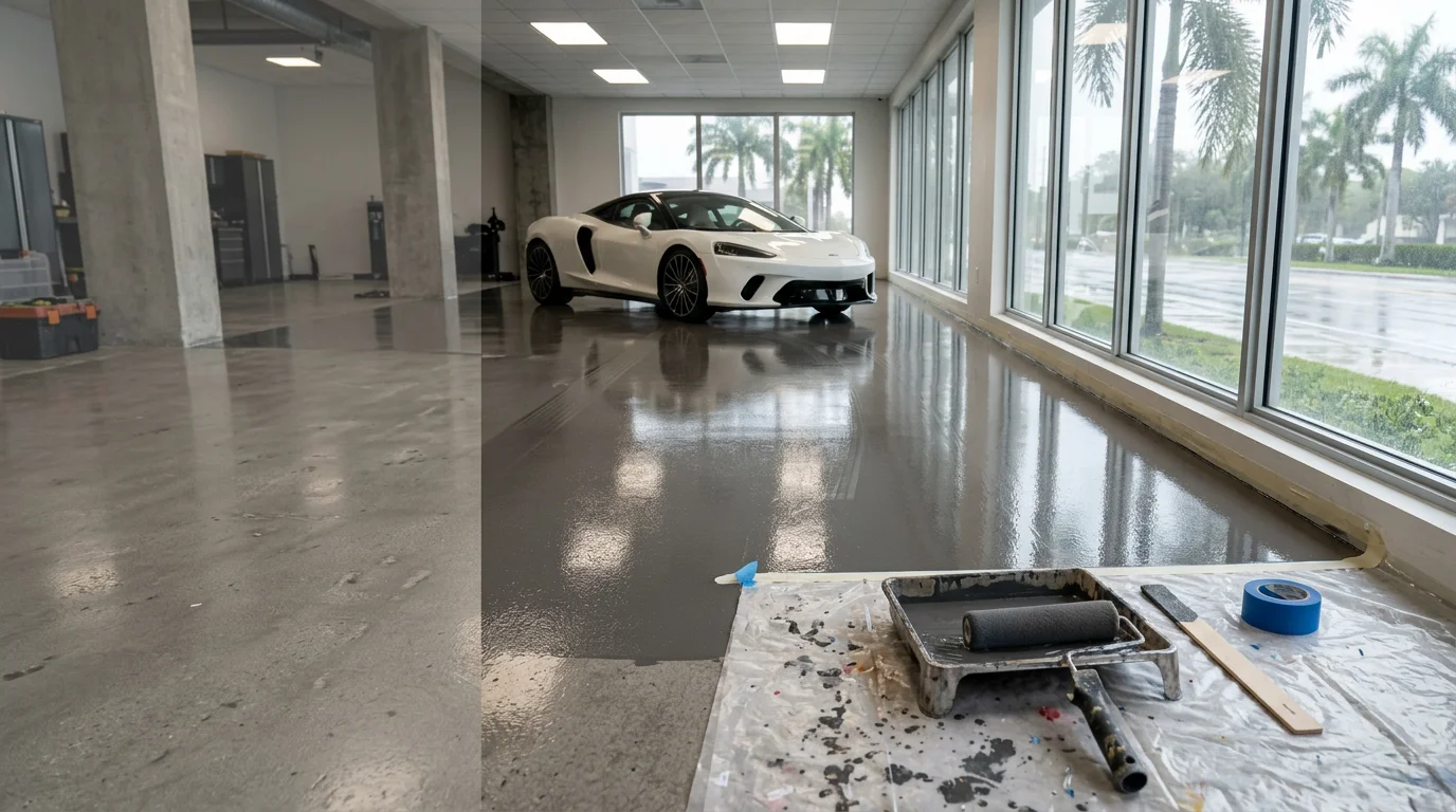 Glossy resin floor coating applied to a commercial showroom space in South Florida, with a smooth seamless surface reflecting overhead lighting. The finished floor shows a clean, high-gloss finish suitable for vehicle or retail display use.