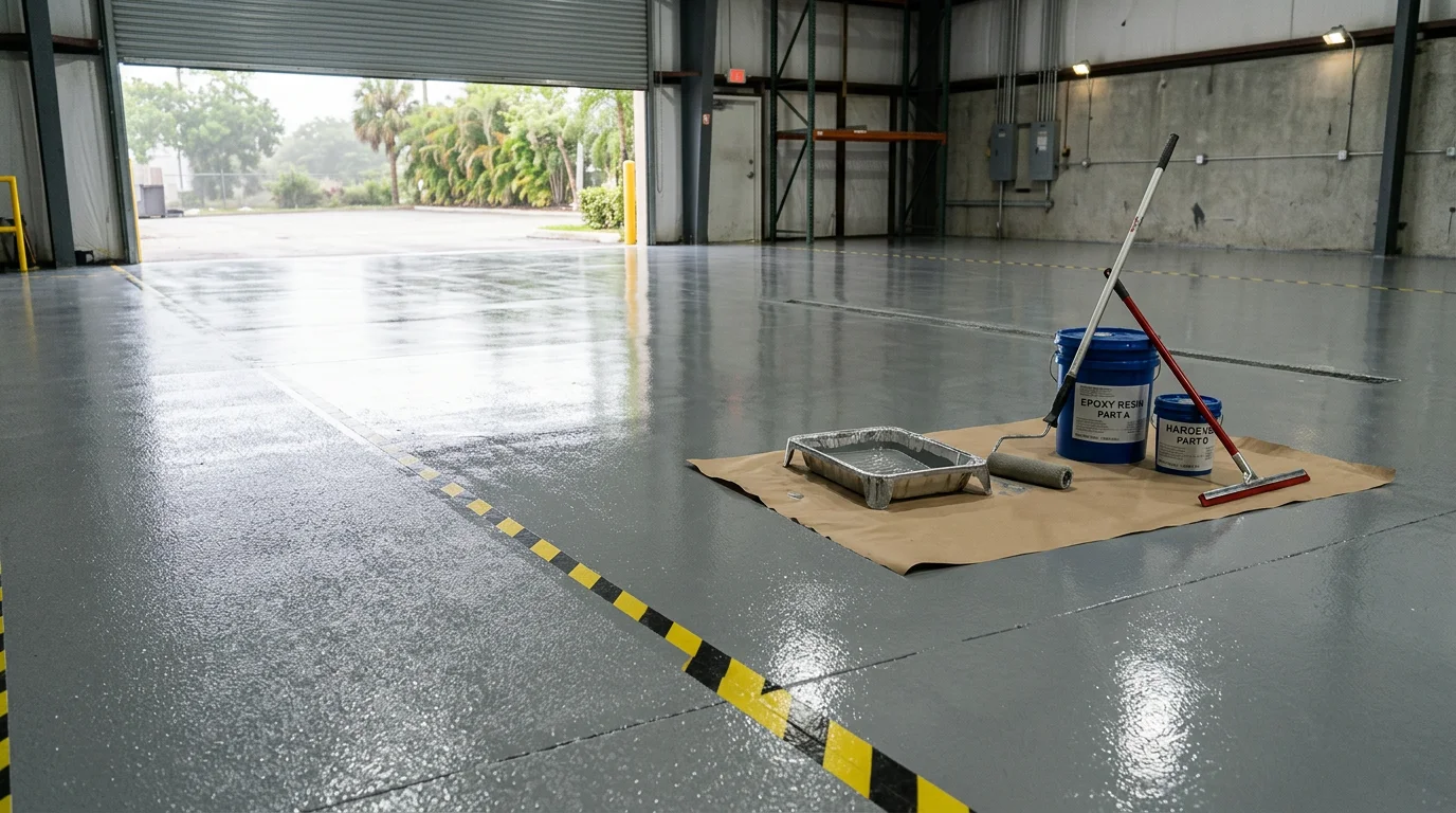 Freshly coated warehouse concrete floor in South Florida showing a smooth, sealed surface under industrial lighting. Wide open floor space reflects light evenly with no visible cracks or surface deterioration.